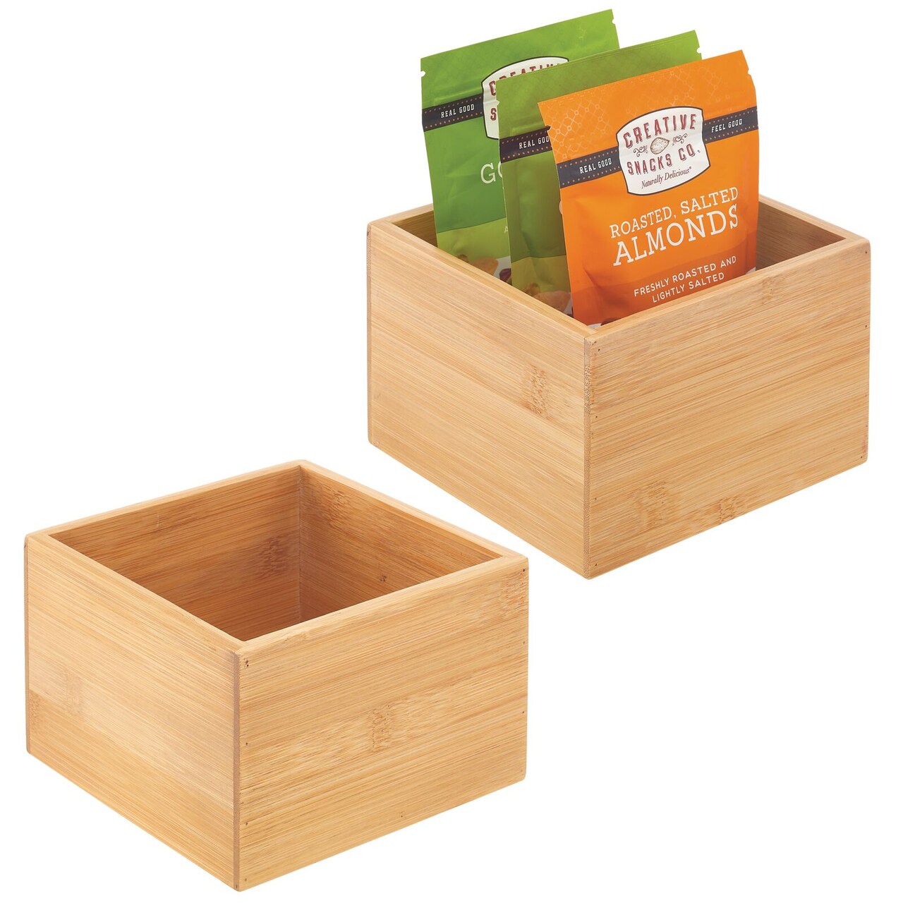 mDesign Bamboo Square Pantry Organizer Container Bin Box, 2 Pack, Natural/Tan